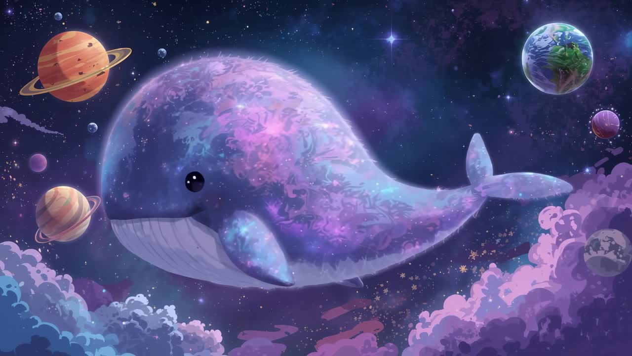 Animation starting galaxy-patterned whale undulating and rolling past deep space, with planets
