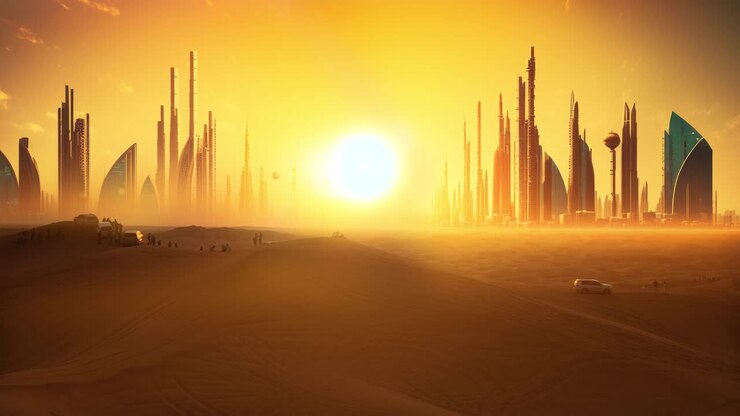 cidade futurista no deserto ao nascer e pôr do sol