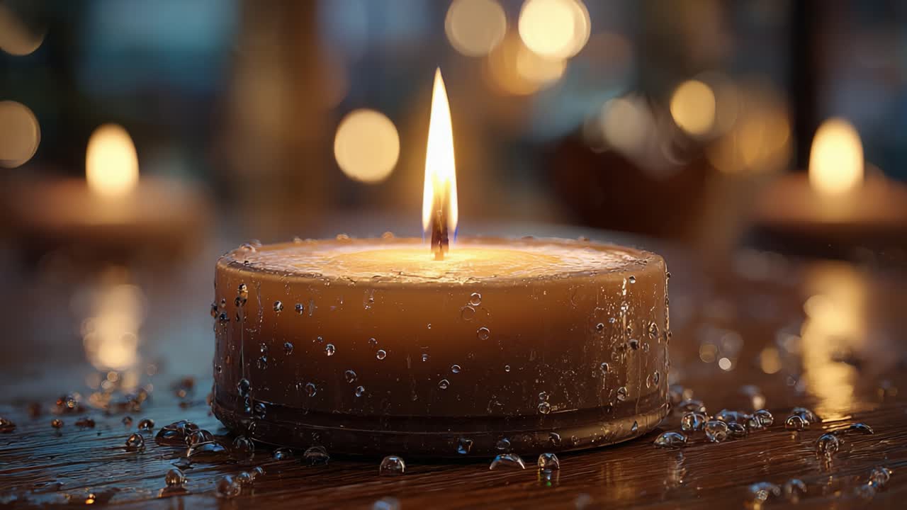 Illuminating Serenity: A Close-Up of a Candle's Flame Surrounded by Glimmering Water Drops, Creating a Calming Atmosphere of Warmth and Tranquility