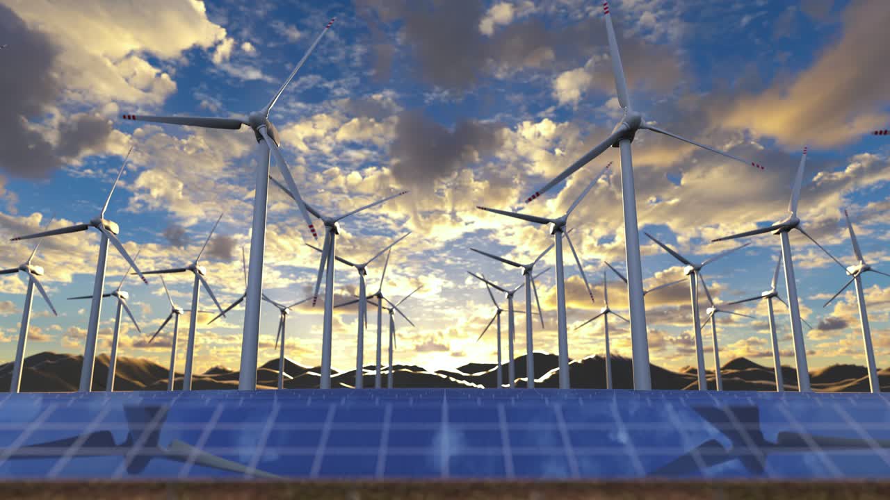 Renewable energy farm spinning windmills generators and innovative solar panels