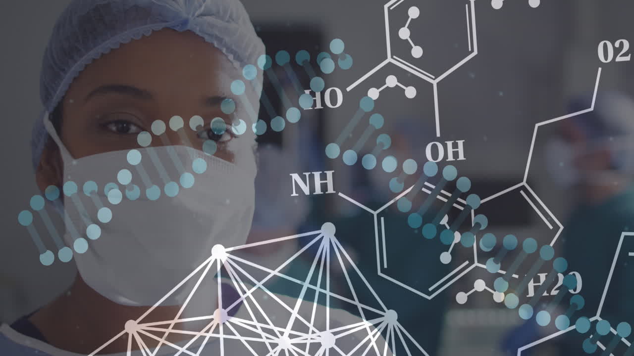 dna 줄무의 애니메이션과 얼굴 마스크를 입은 아프리카계 미국인 여성 외과 의사
