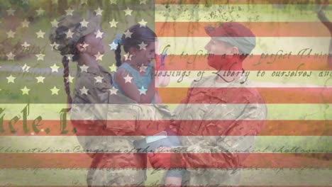 animation of u.s. constitution with u.s. flag over caucasian couple wearing military uniforms