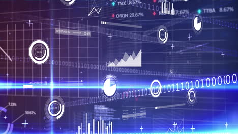 animación del procesamiento de datos estadísticos y bursátiles contra rastros de luz sobre fondo azul