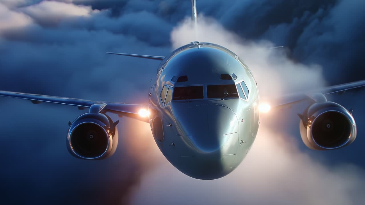 A majestic aerial view of a commercial airplane soaring through the clouds, captured in a captivating cinematic moment. The powerful engines blaze with light above a sea of billowy clouds at twilight
