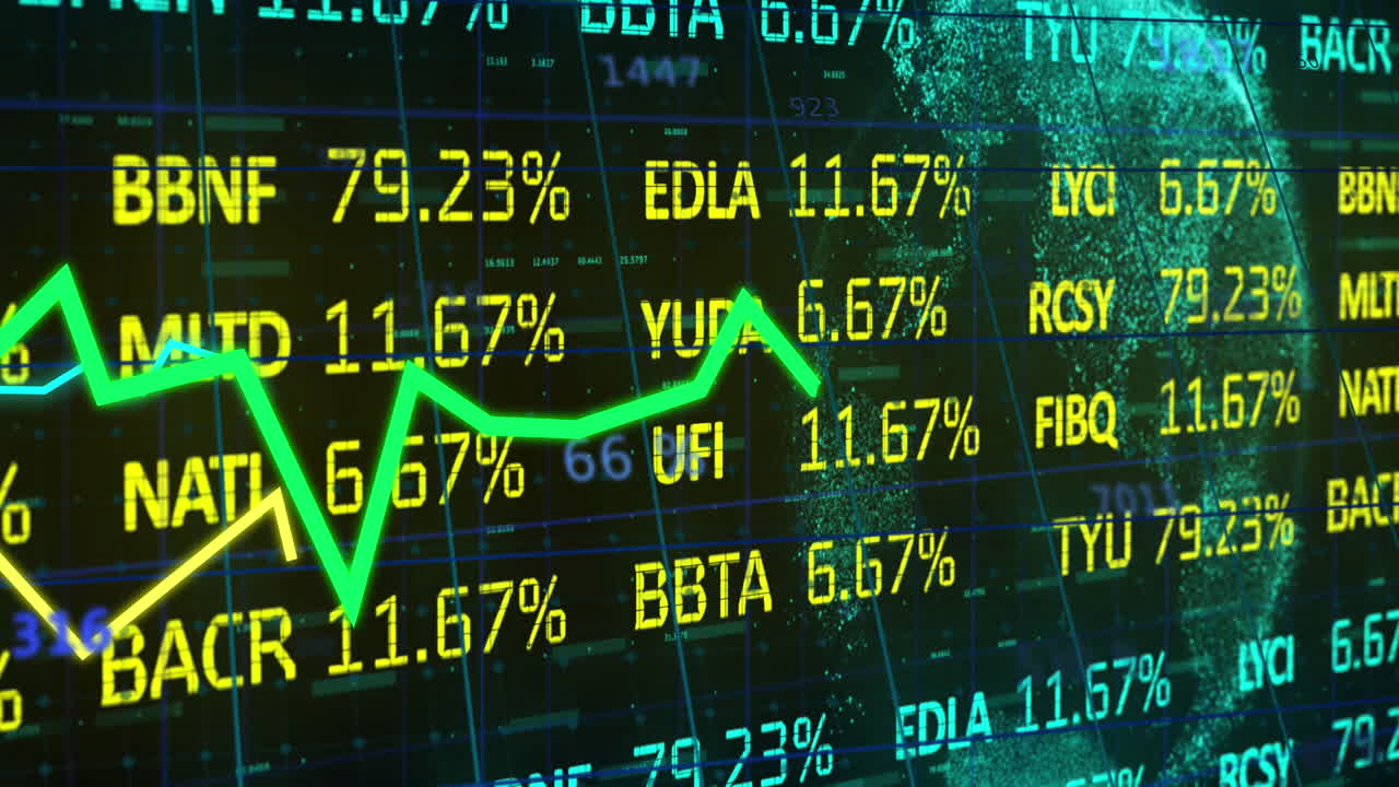 Animazione di grafici multicolori su un pannello di trading e un globo rotante su sfondo nero.