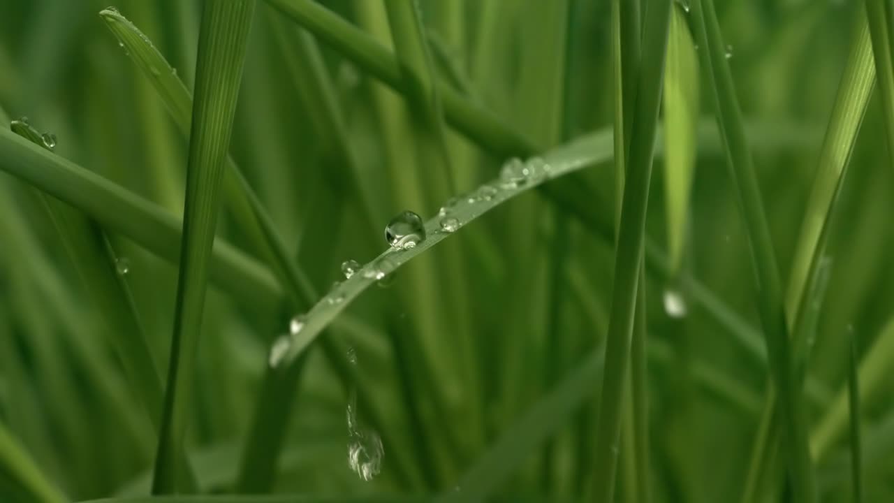 hierba verde en primer plano gotas de lluvia cayendo lentamente sobre la hierba.