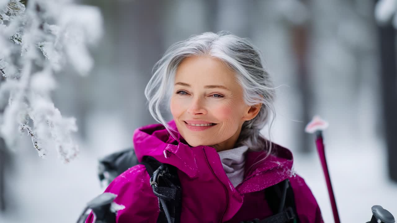 Una donna felice con i capelli grigi si gode un'avventura invernale, sorridendo in una foresta innevata e mostrando il suo amore per la natura e le attività all'aperto in un bellissimo paesaggio innevato