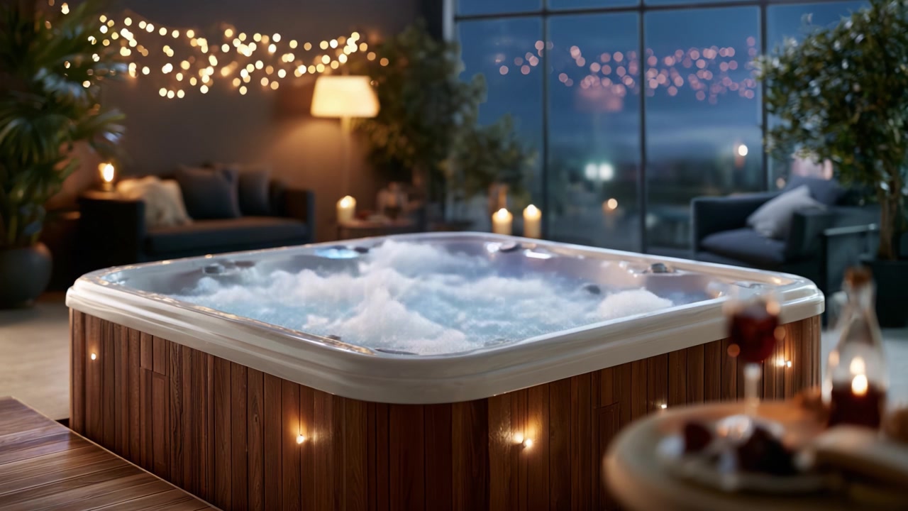 Serata rilassante in una spa accogliente: concediti la tranquillità di una vasca idromassaggio gorgogliante circondata da luci calde e un'atmosfera confortevole per il massimo relax.