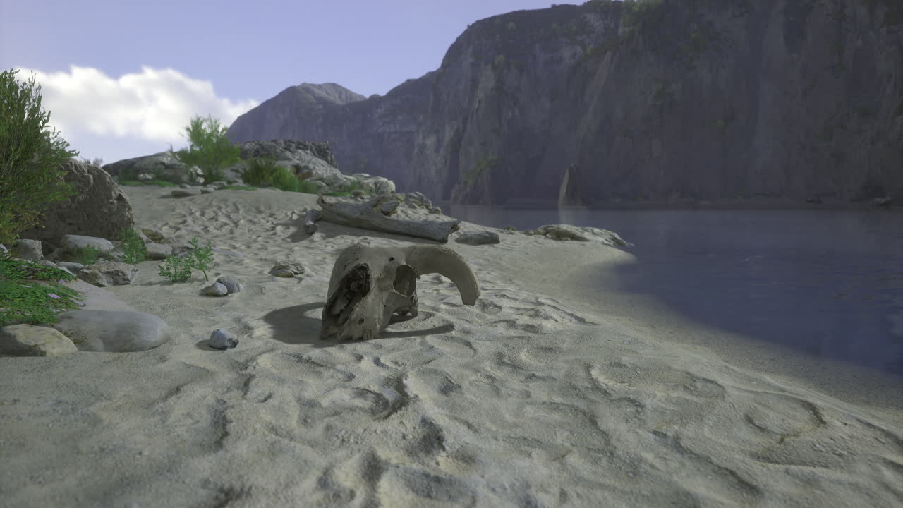 Rocce misteriose e paesaggio sereno in riva al fiume a mezzogiorno