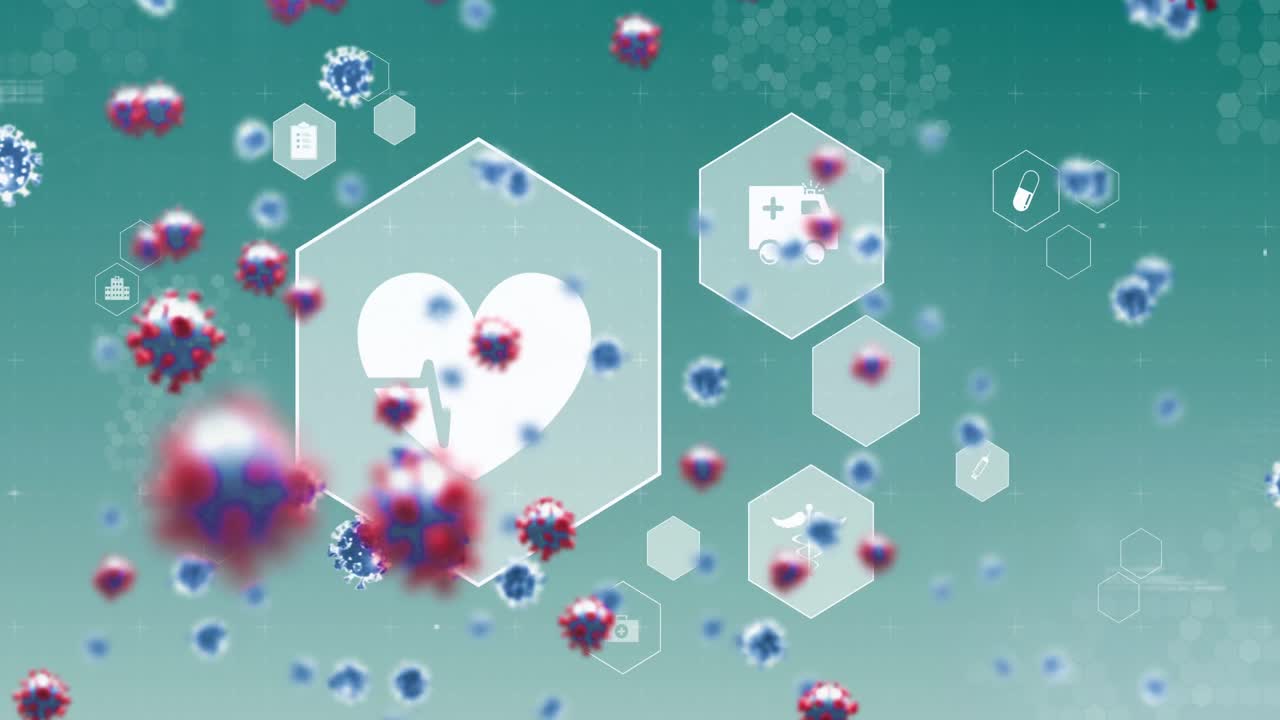 녹색 배경에 떠다니는 거대한 코로나19 세포의 애니메이션과  ⁇ 색 의료 아이콘