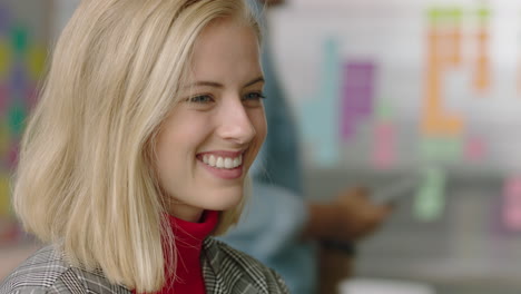 portrait beautiful caucasian business woman using smartphone texting social media messages smiling enjoying successful startup business listening in modern office