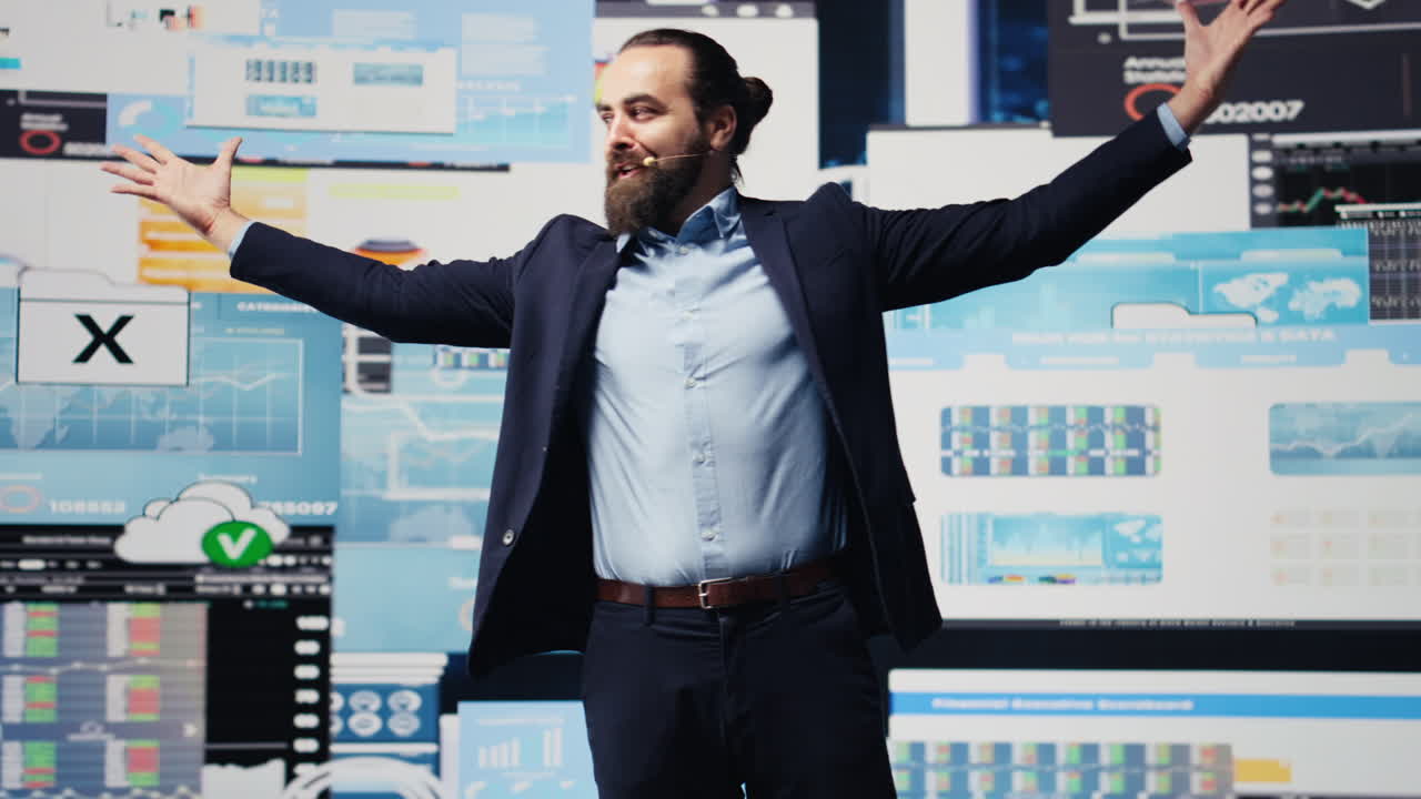 Male entrepreneur leading a visionary business pitch at the convention