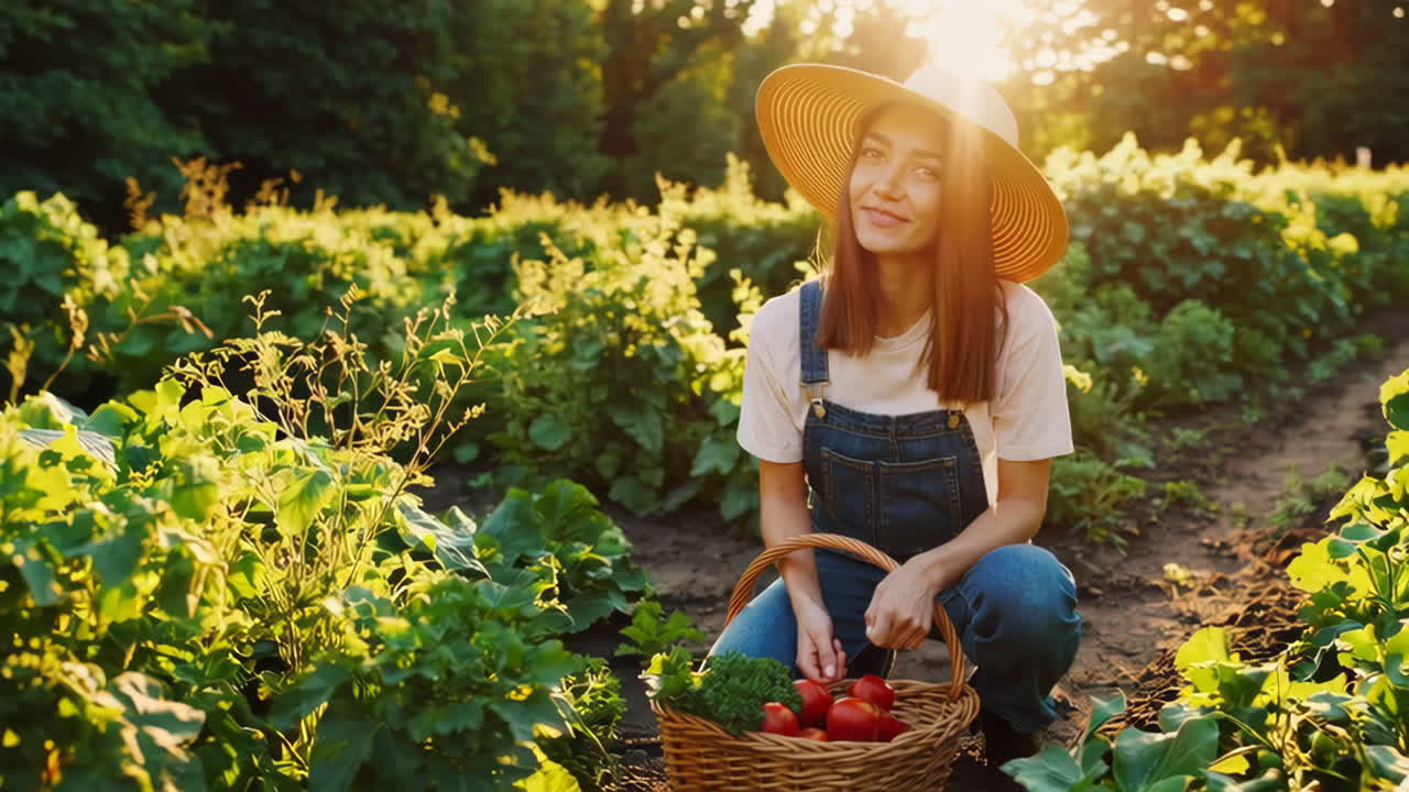 Woman Harvesting Fresh Vegetables in a Sunset Garden