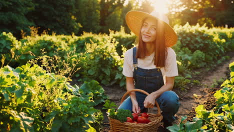 woman harvesting fresh vegetables in a sunset garden