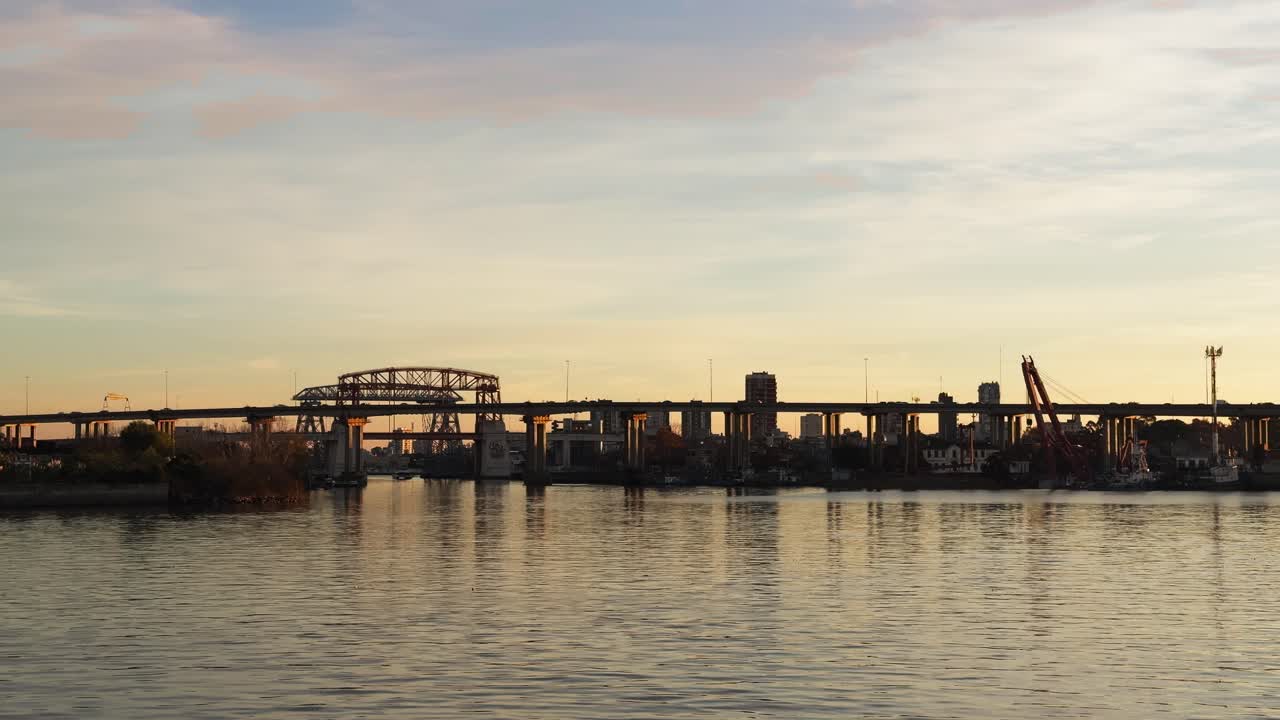 Golden Hour Over Buenos Aires, Bridge, Port, and City Silhouette