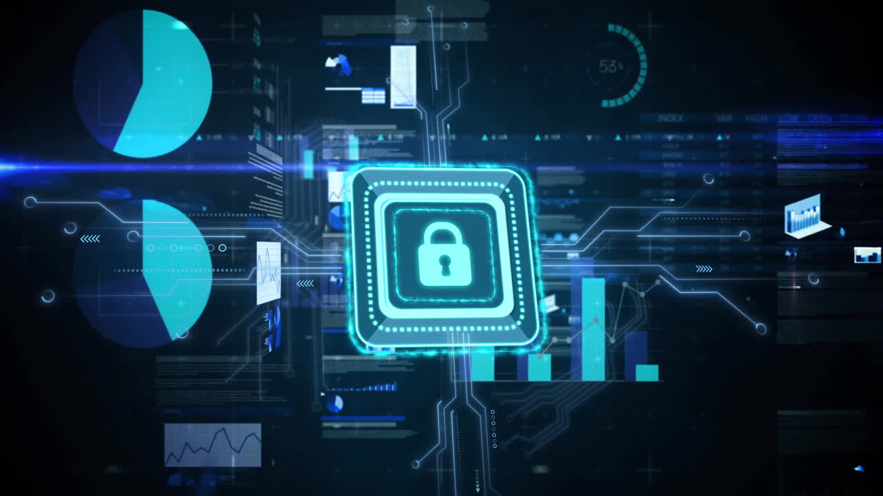 Neon blue padlock icon being showcased inside holographic dashboard, with charts and circuitry