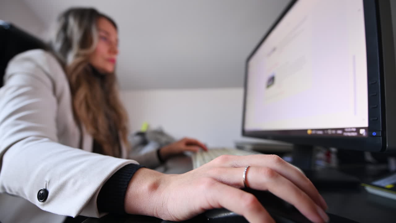 CHISINAU, MOLDOVA - NOVEMBER, 2021: Woman working on computer at the office