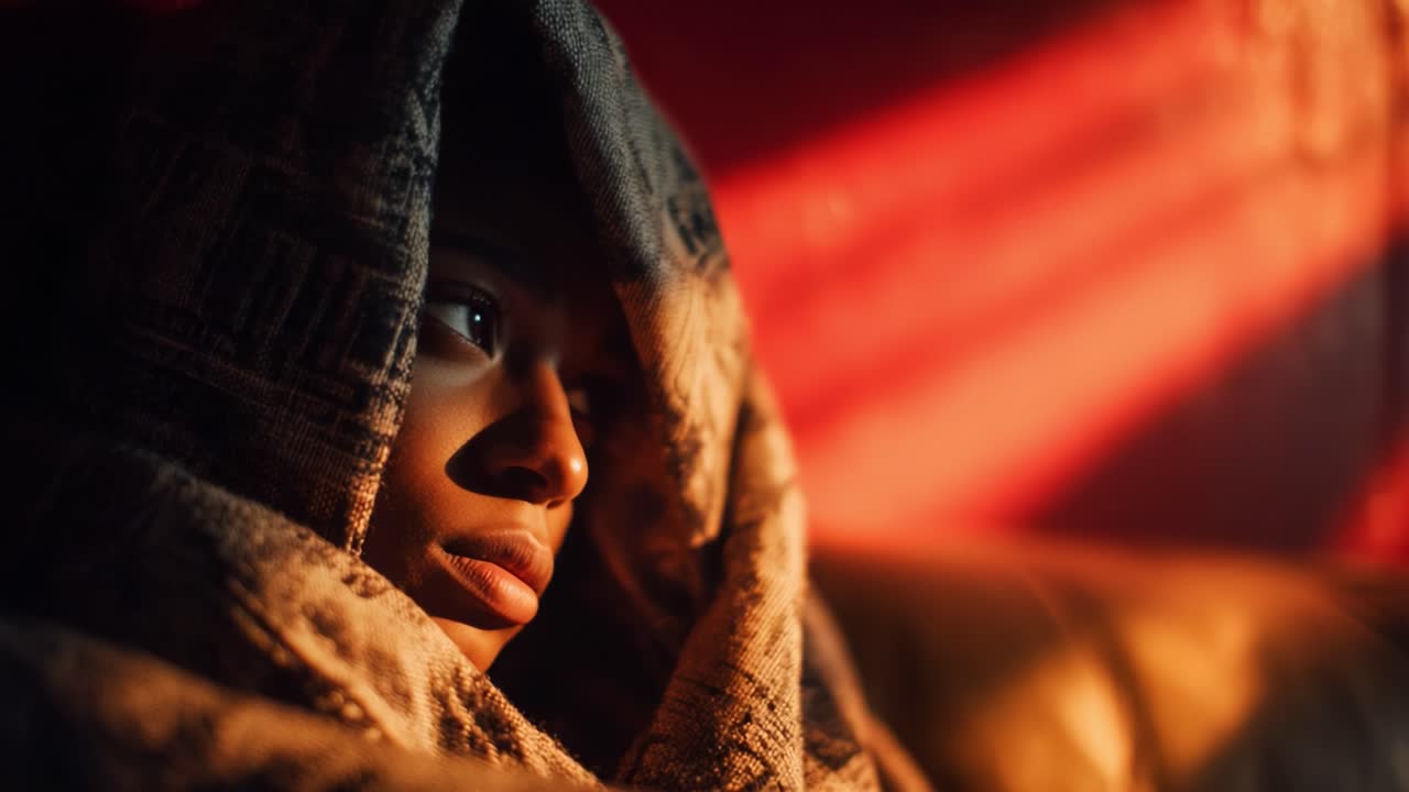 Contemplative Moment: A Close-Up of a Person Wrapped in a Blanket, Bathed in Warm, Soft Lighting, Reflecting on Life's Thoughts and Emotions in a Serene Setting