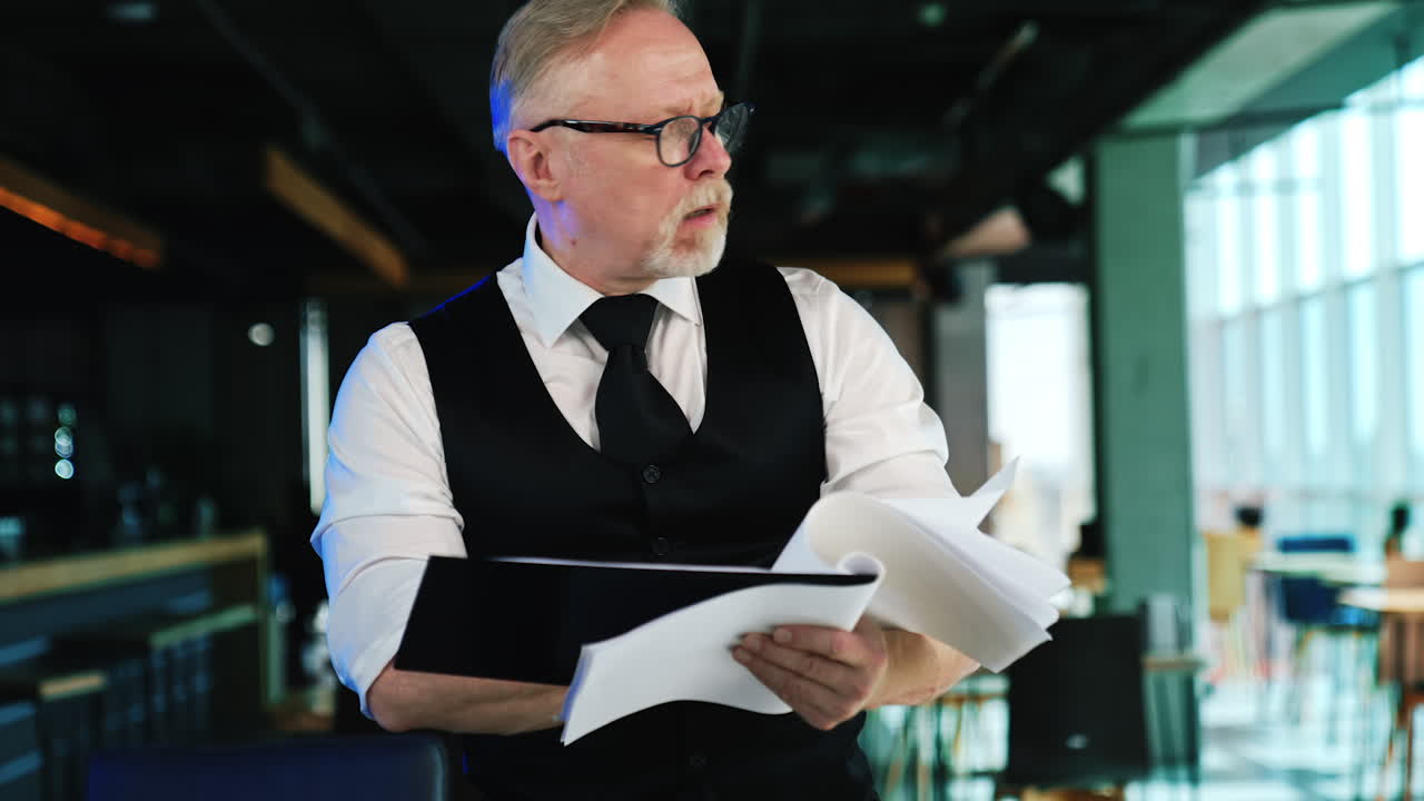 Businessman stands in office holding documents in hands. Boss checking some papers at work. Blurred office at backdrop.