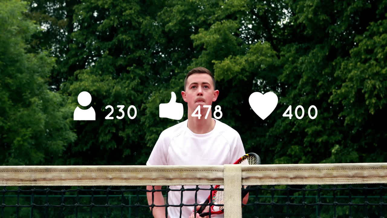 야외 코트에서 테니스를 하는 사람에 대한 소셜 미디어 참여 애니메이션