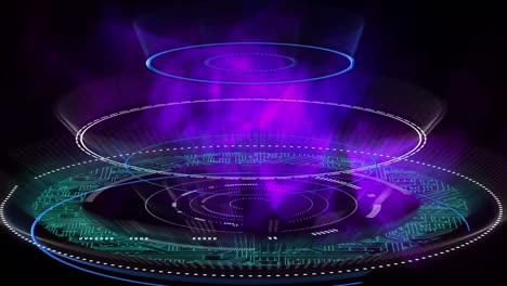 Animation-of-violet-smoke-over-circles-with-integrated-circuit-on-black-background