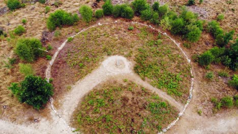vista superior del círculo de piedra en un sitio arqueológico cerca del lago lesno dolne en el voivodato de pomerania, condado de chojnice, polonia - disparo de drones en órbita