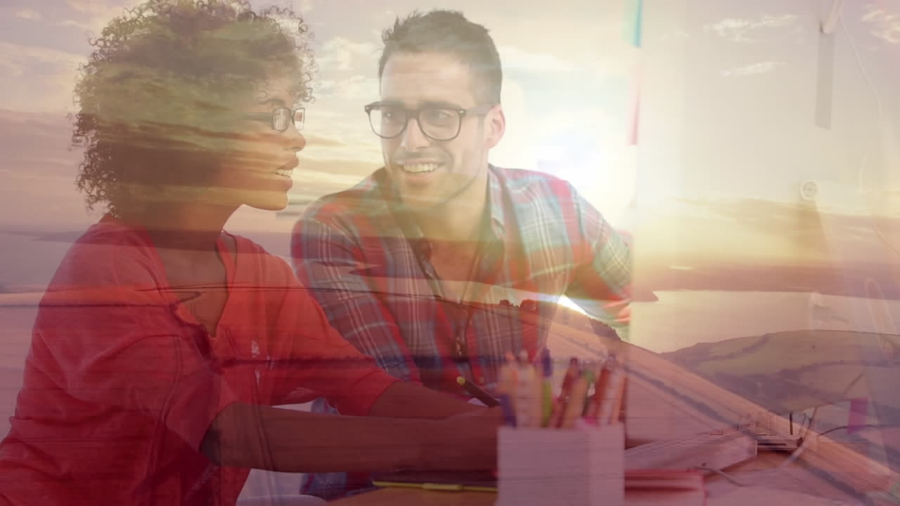 animación de un hombre de negocios en una reunión de lluvia de ideas con el atardecer y la orilla del mar.