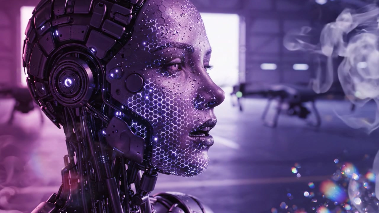 Ritratto di robot futuristico: Uno sguardo alla tecnologia AI avanzata catturato in due fotogrammi, che mostra le intricate caratteristiche di un androide sofisticato in un ambiente futuristico