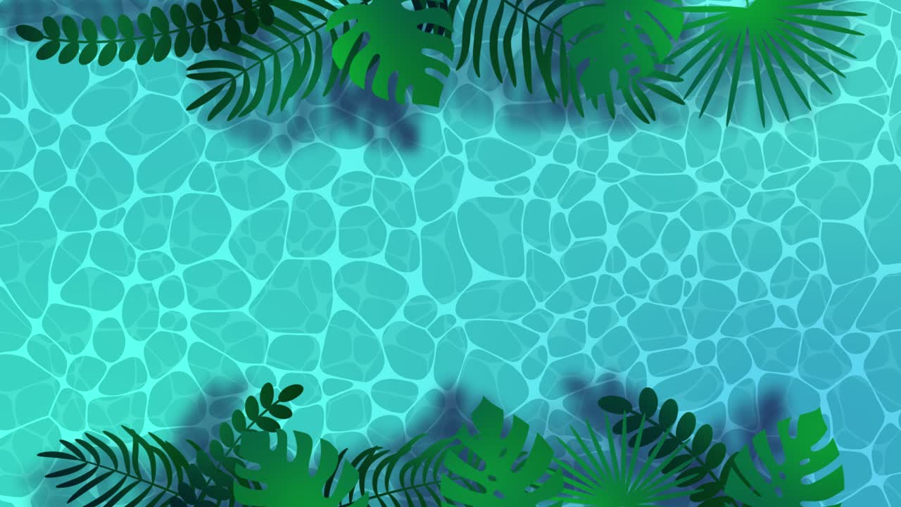 animación de la piscina de agua vista superior. hojas de palma. superficie de agua ondulada. diseño para el fondo de las vacaciones de verano con espacio de copia, papel tapiz, banner web, visualización publicitaria. piscina 4k imágenes en bucle