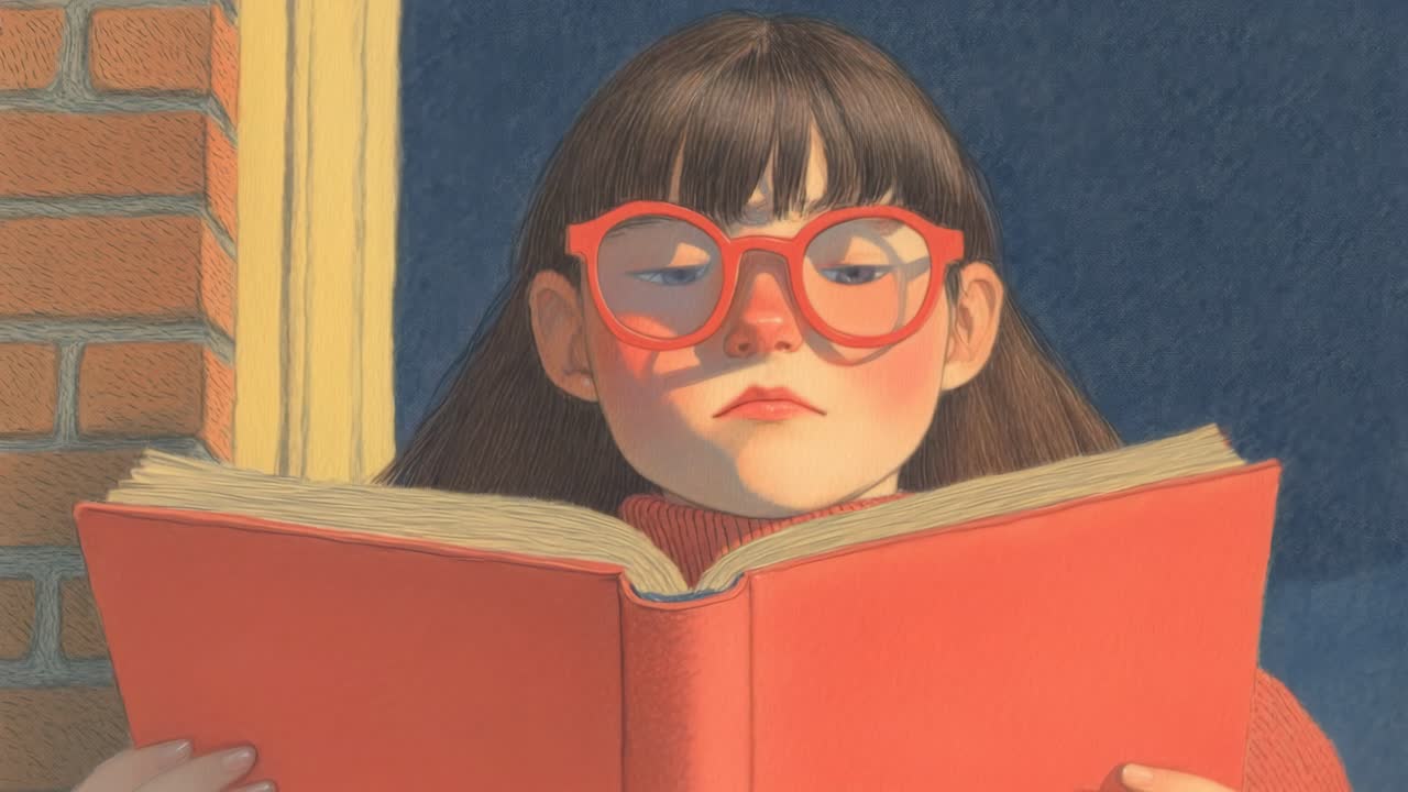 Illustration of a girl with large glasses reading a book