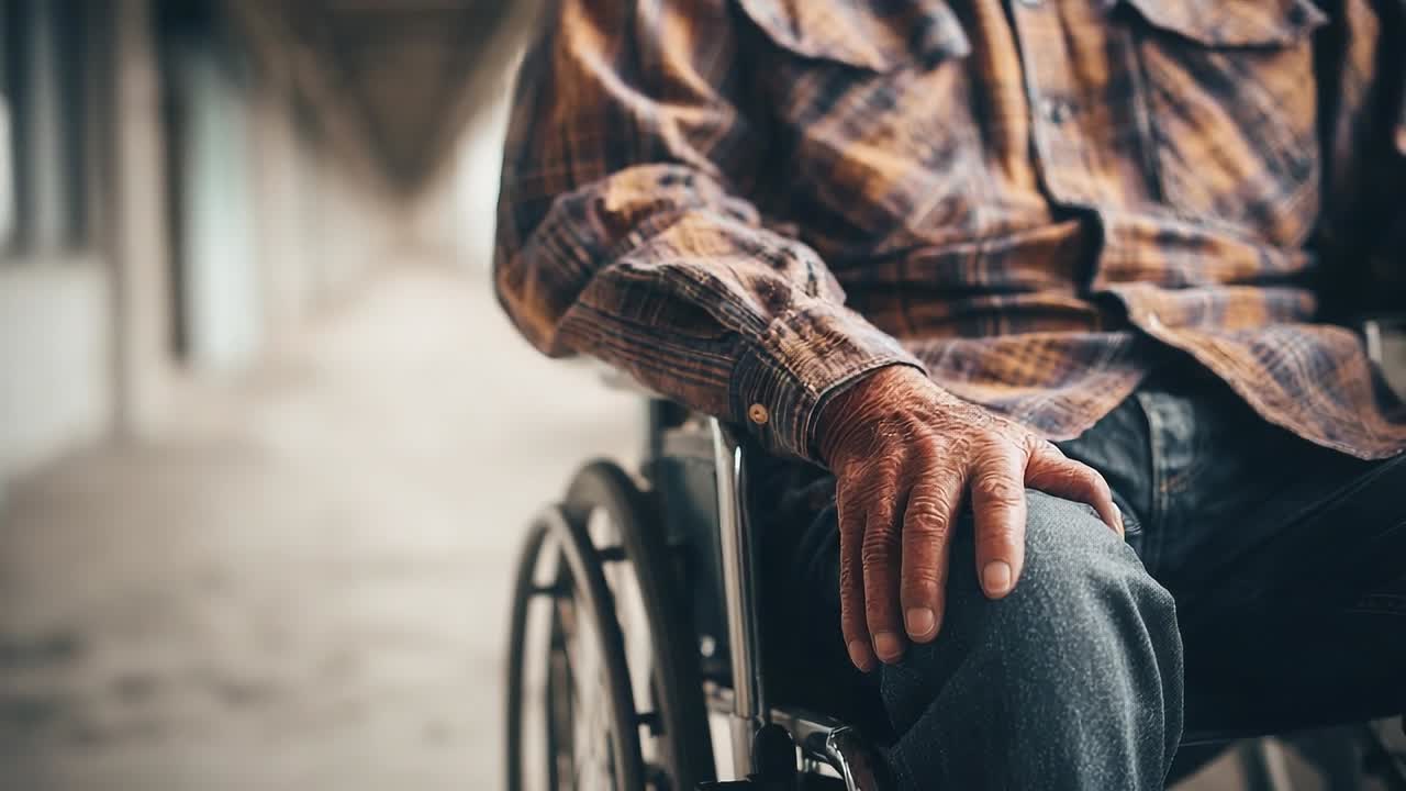 Elderly man sitting in wheelchair with plaid shirt on city sidewalk