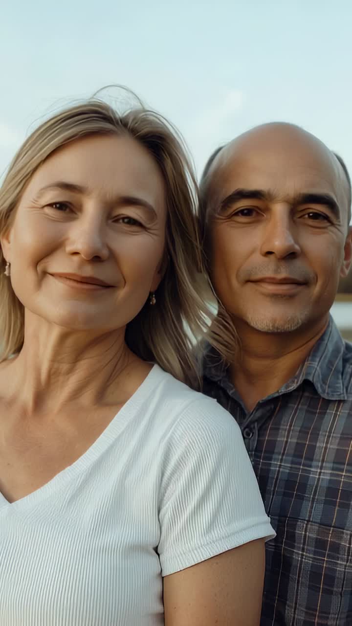 Vídeo vertical: Dupla sorrindo com a câmera começando a piscar, abrindo os olhos em um lago com roupa xadrez e argolas brancas