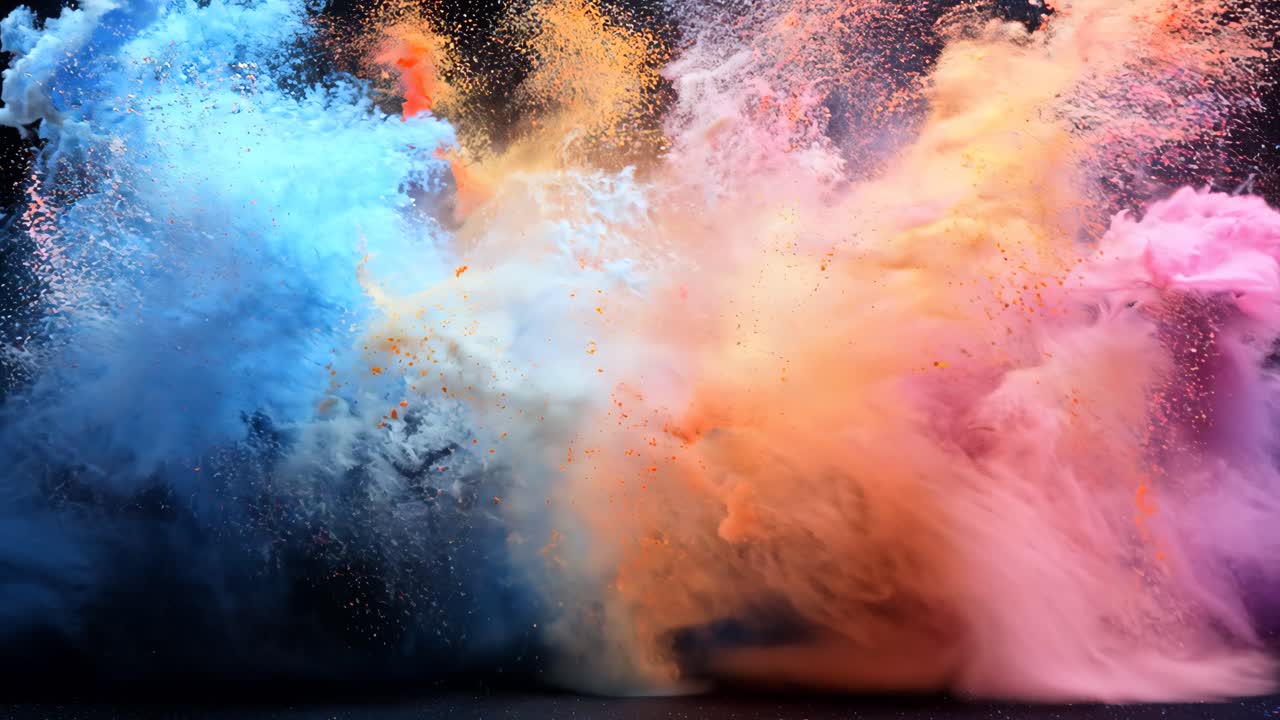 A colorful explosion of smoke and dust in the sky. The colors are vibrant and the smoke is billowing out in all directions. Scene is chaotic and energetic, as if something powerful has just occurred