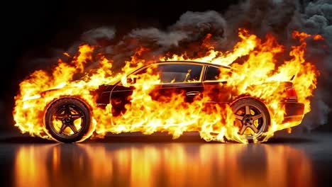 a car is engulfed in flames on a black background