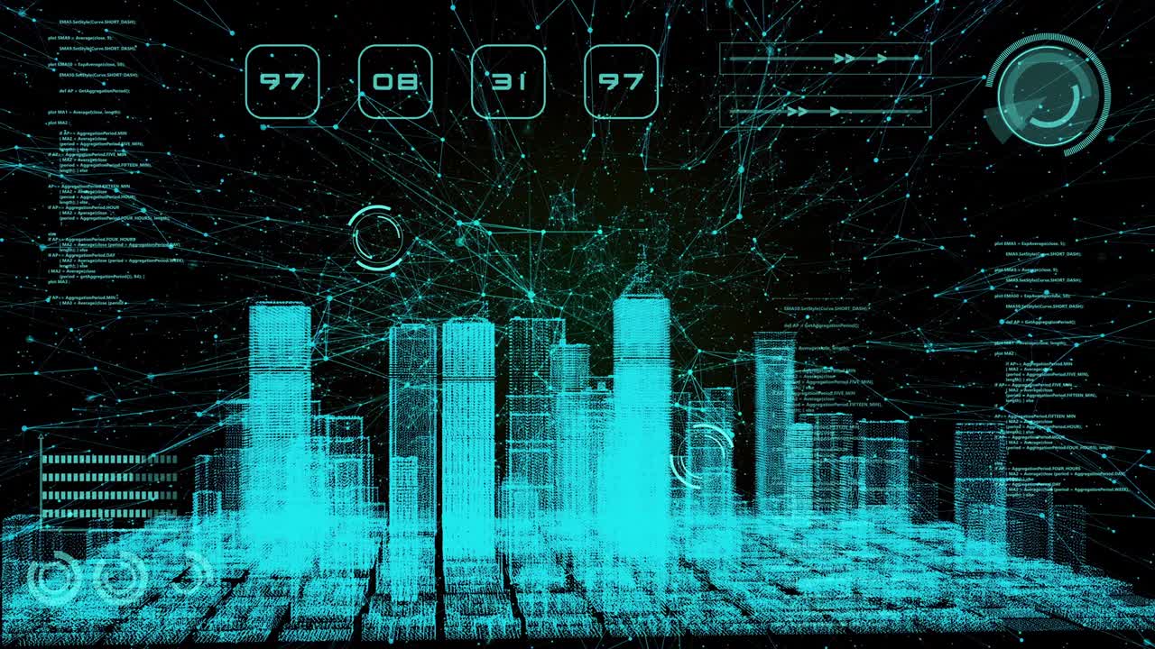 Smart world technology digital smart city 3D architecture building hologram scan UI monitor screen HUD iot internet of thing artificial intelligence, security energy power tech futuristic background