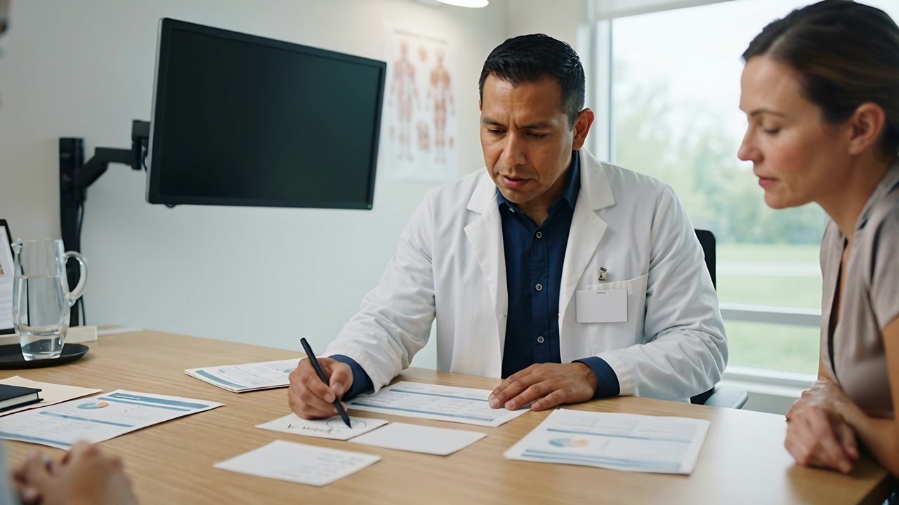 Medico uomo che scrive dopo aver esaminato i moduli, firmando le pagine finali in clinica con penna e camice bianco.