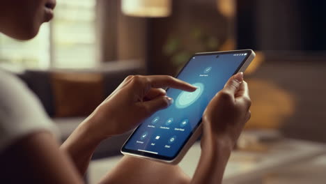 person interacting with a smart home tablet