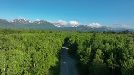 Fly-Over-Lush-Treetops-Through-The-Empty-Road-In-Anchorage,-Alaska