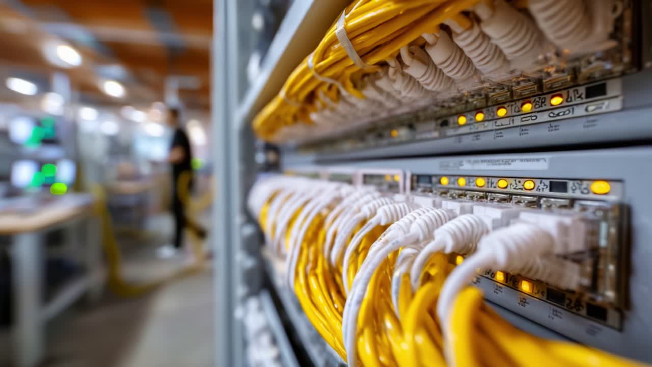 Close-Up of Networking Equipment with Yellow Cables Illuminated, Highlighting Connectivity and Data Transmission in a Modern Tech Environment