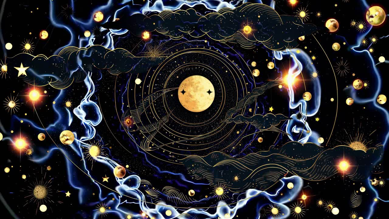 Cosmic-themed video illustration with a celestial motif, featuring a top-down angle of stars