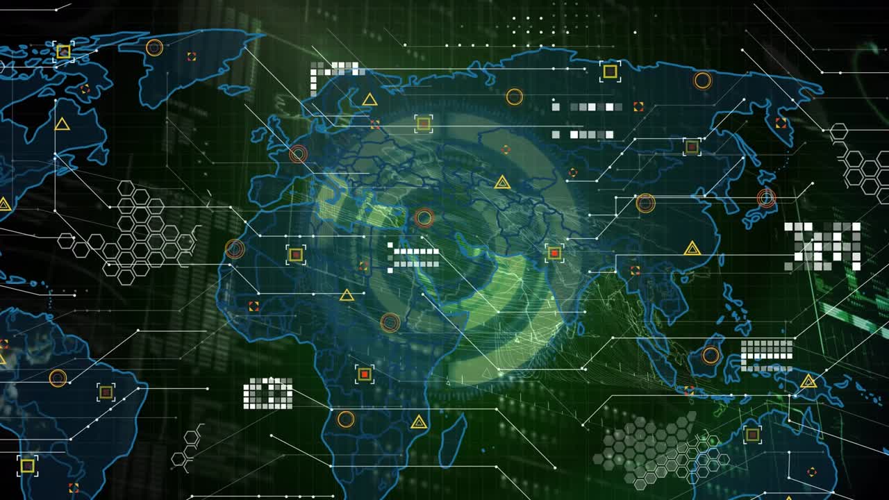 World map and neon round scanner against digital interface with data processing on green background