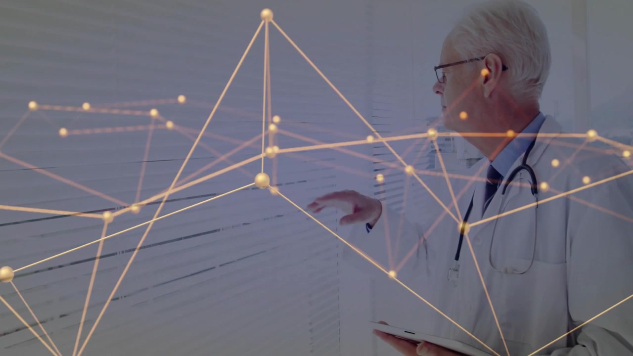 Senior doctor studying tablet data and interacting with glowing network graph for medical analysis