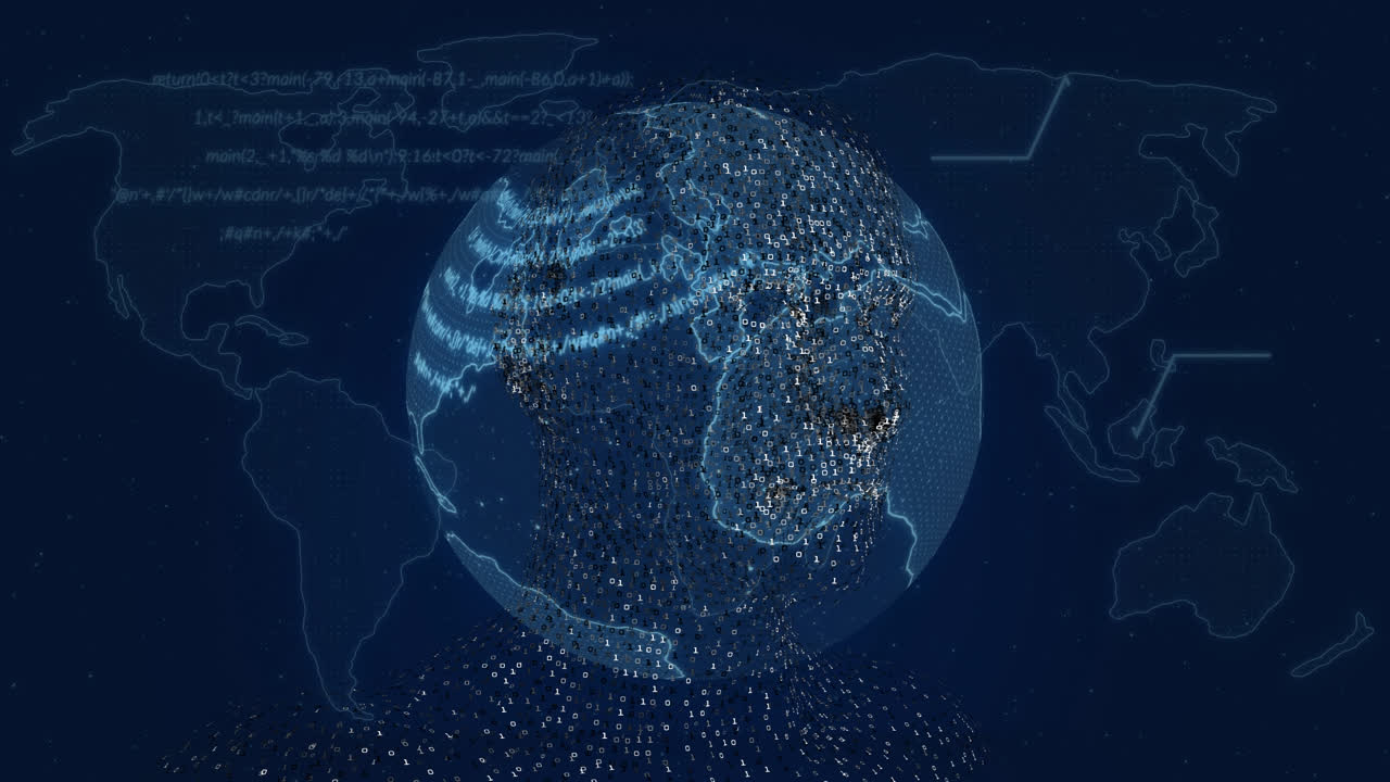 Animation of data processing and globe over world map