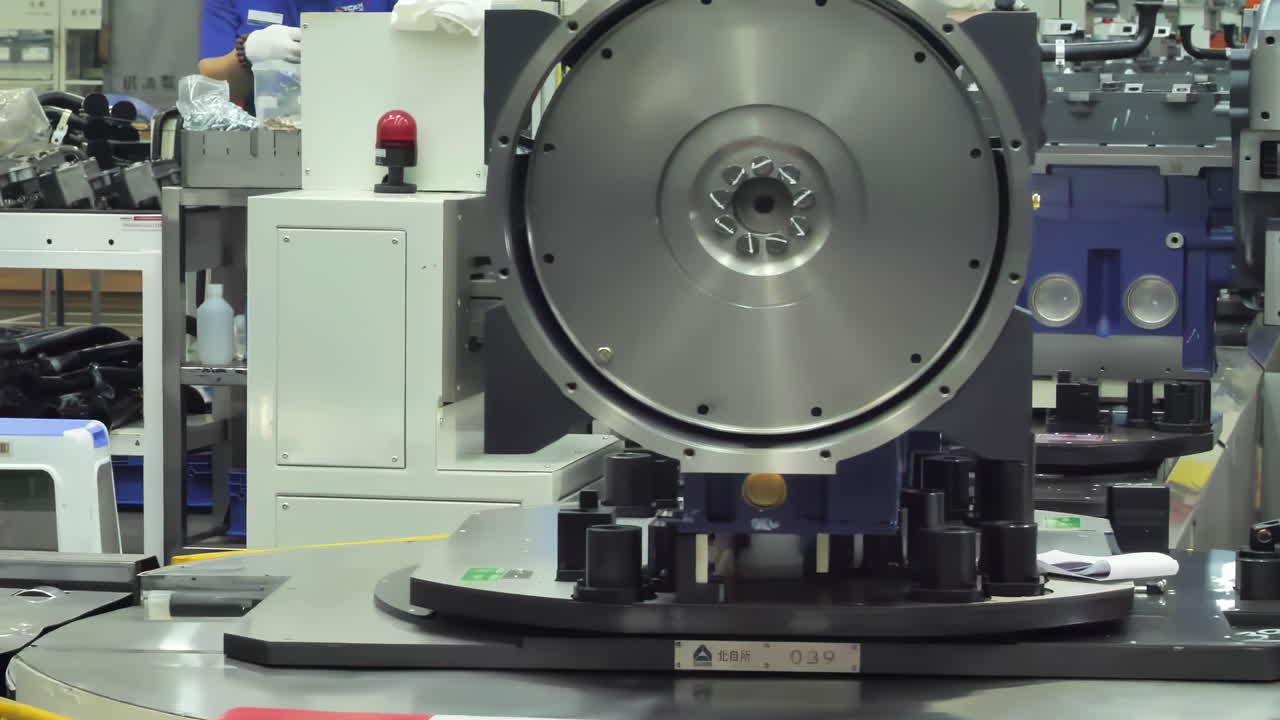 Group of men wearing safety gear, inspecting a newly assembled car engine in a clean, well-lit automotive factory, robotic Arm Assembling Automotive Engine Components