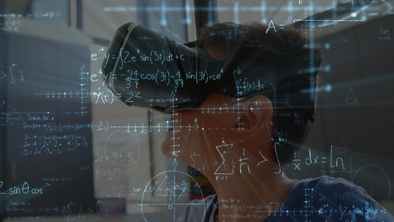 vr 헤드 ⁇ 을 사용하는 백인 학교생에 대한 수학 방정식의 애니메이션