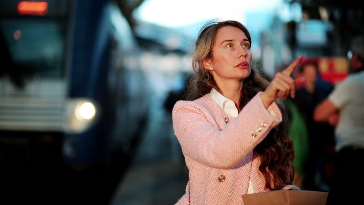 Donna con un blazer rosa che legge e analizza un tabellone delle partenze alla stazione ferroviaria