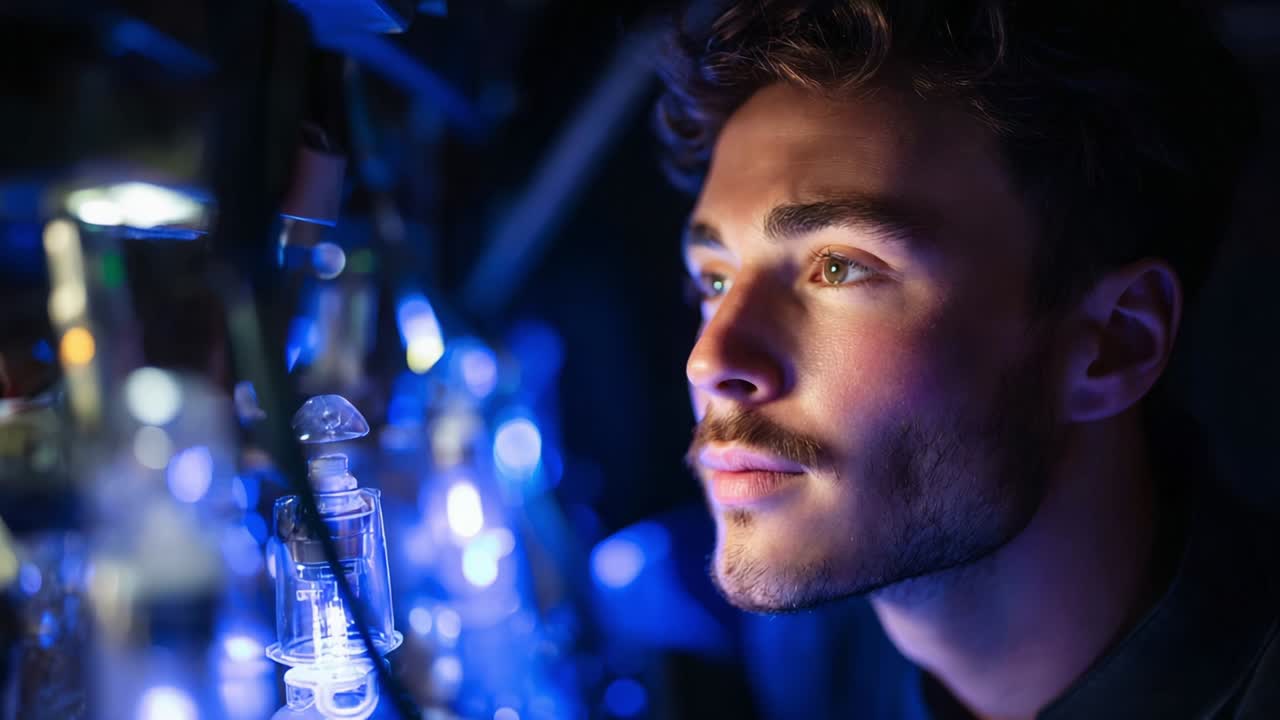 A Pensive Young Man Gazing Thoughtfully at Illuminated Bottles in a Dark Environment, Reflecting Curiosity and Intrigue, Surrounded by a Mesmerizing Array of Glowing Light and Unique Shapes