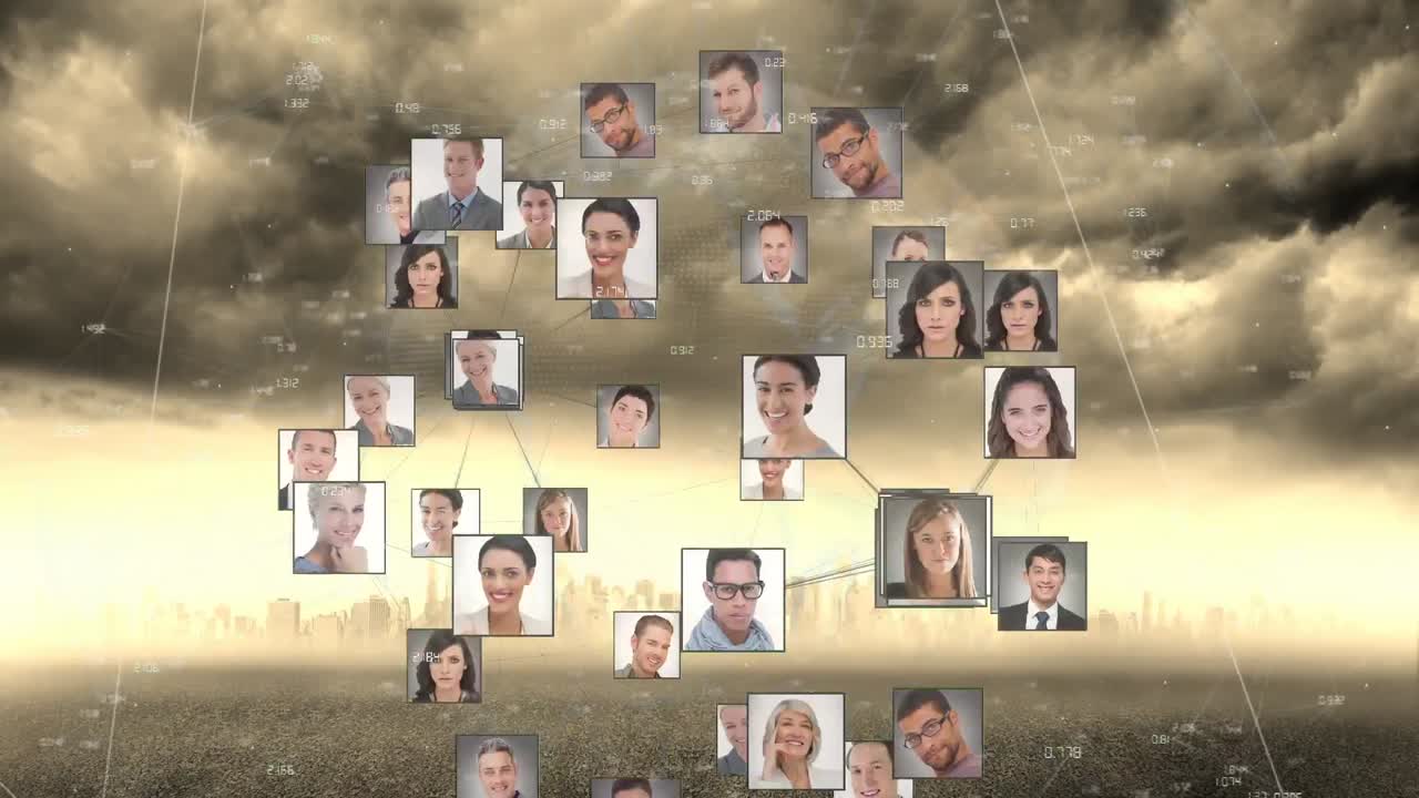 백그라운드에서 도시 풍경에 대해 회전하는 프로필 아이콘의 지구의 디지털 애니메이션