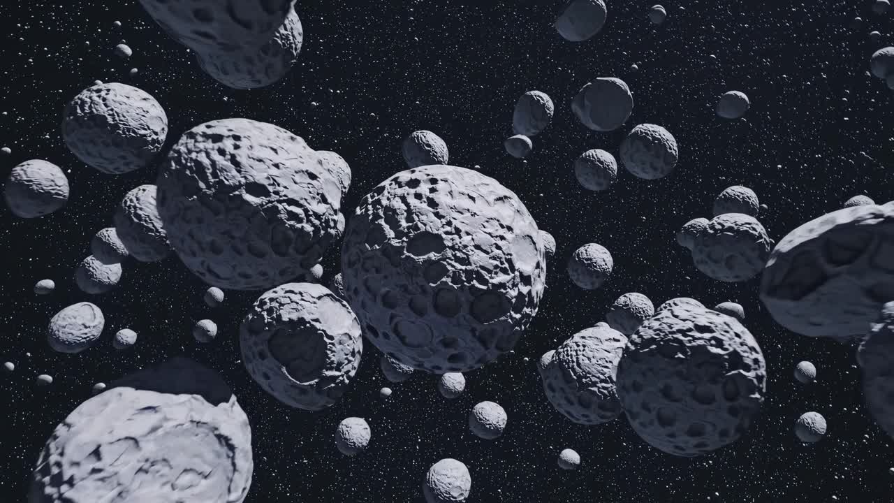 A video still of asteroids floating in space, captured from a wide-angle perspective