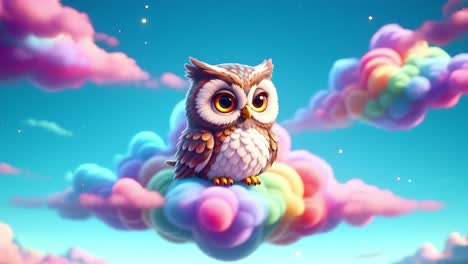 a whimsical and colorful digital art depiction of an adorable owl perched atop a vibrant, fluffy cloud, illuminated by a celestial backdrop filled with shimmering stars.